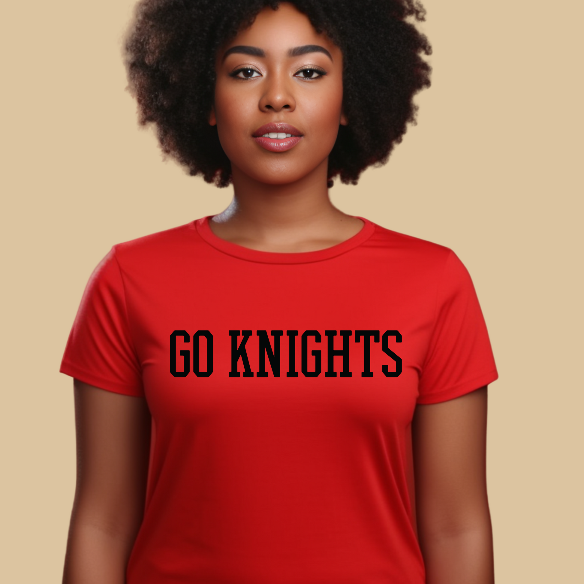 Person wearing a red t-shirt with 'GO KNIGHTS' text on a beige background Knights School Spirit Shirt - Go Knights - School Pride T-Shirt