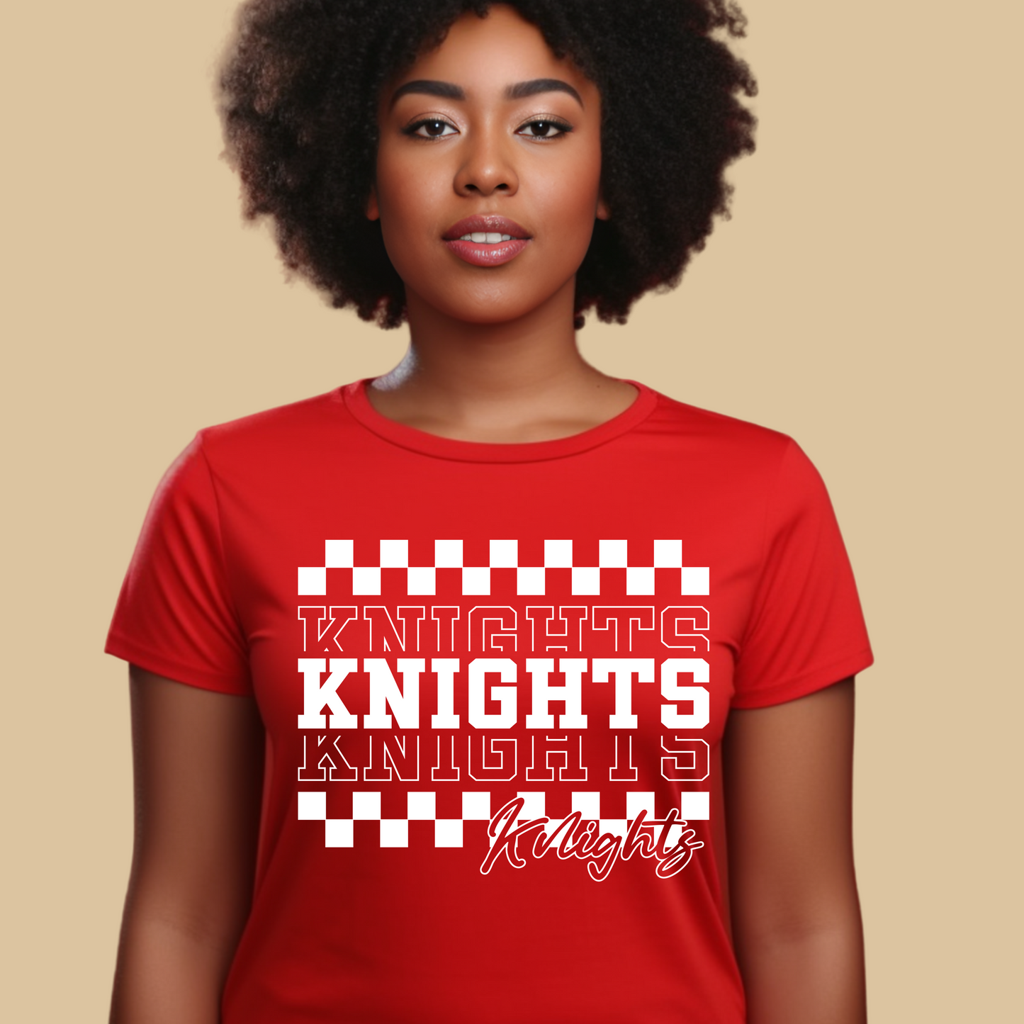 Person wearing a red t-shirt with 'Knights' text design on a beige background Knights School Spirit Shirt - Knights Checkered - School Pride T-Shirt