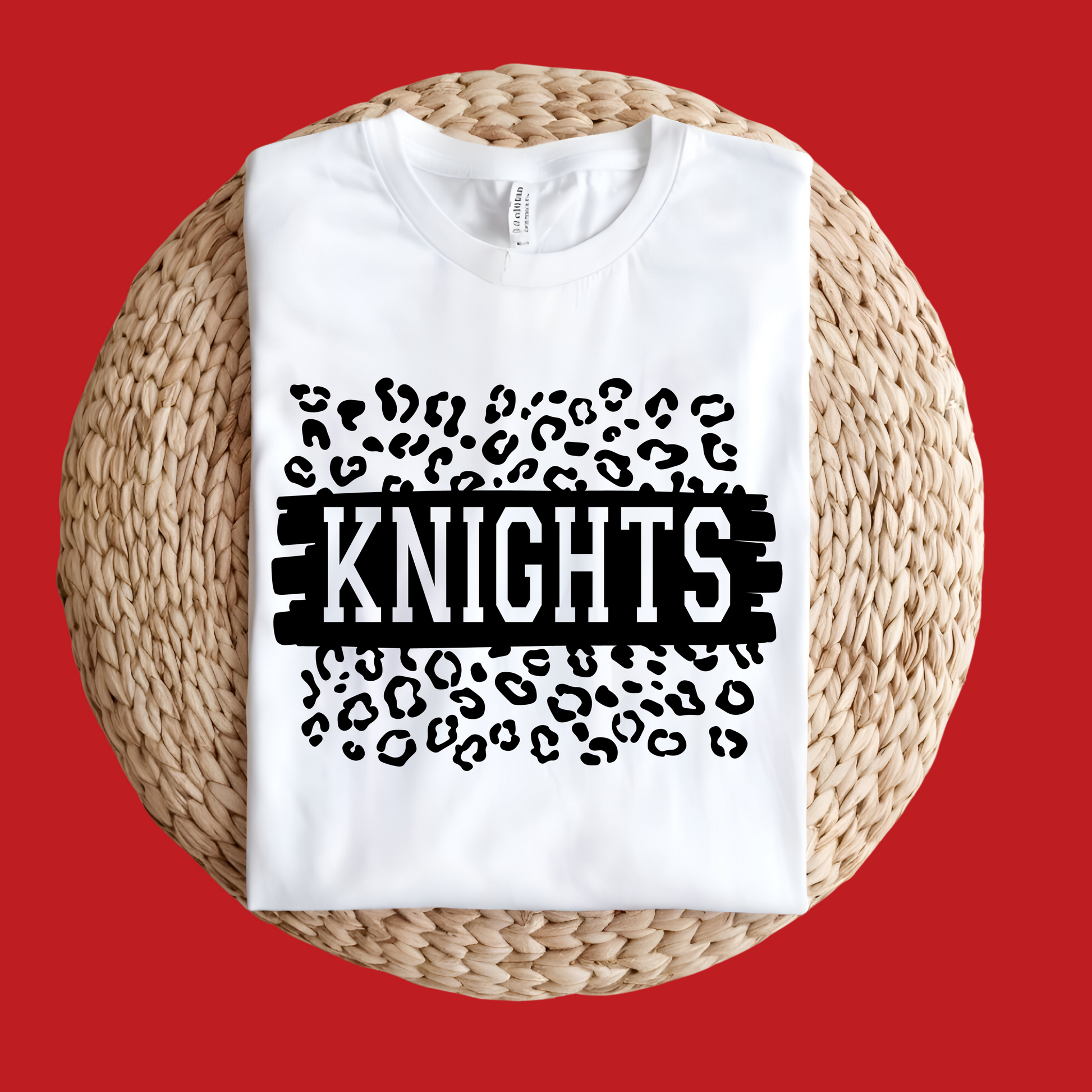 White sweatshirt with 'KNIGHTS' print on a red background Knights School Spirit Shirt - Knights Leopard - School Pride Graphic T-Shirt