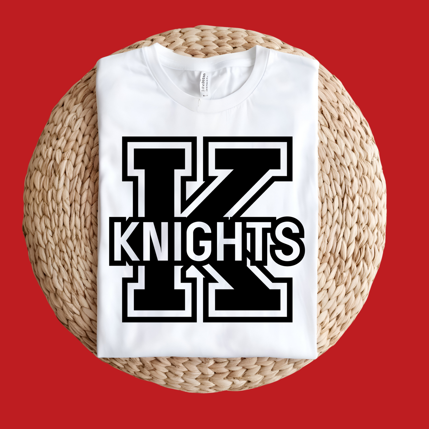 White t-shirt with 'K KNIGHTS' design on a red background Knights School Spirit Shirt - Knights Logo: Loud & Proud Knights