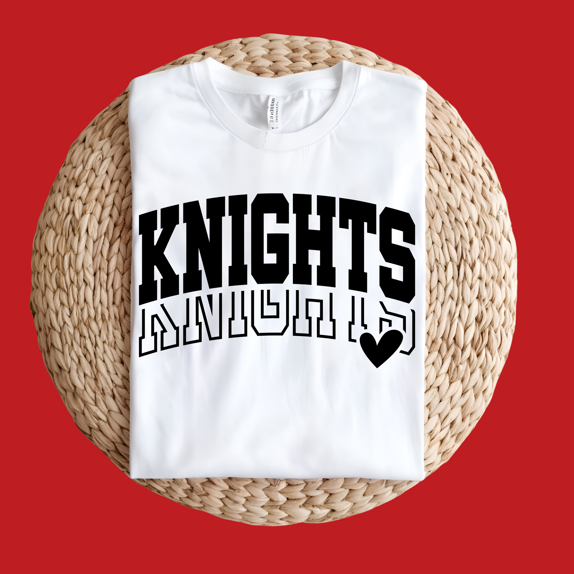 White t-shirt with 'KNIGHTS' text on a woven surface with red background Knights School Spirit Shirt - Knights Varsity - Knights Spirit Tee