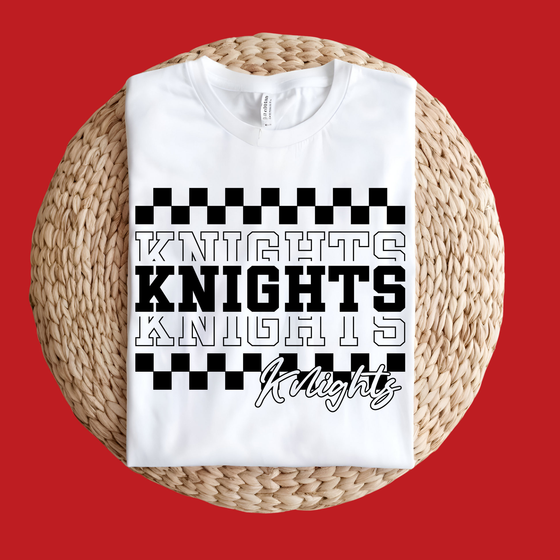White t-shirt with 'KNIGHTS' text design on a red background Knights School Spirit Shirt - Knights Checkered - School Pride T-Shirt