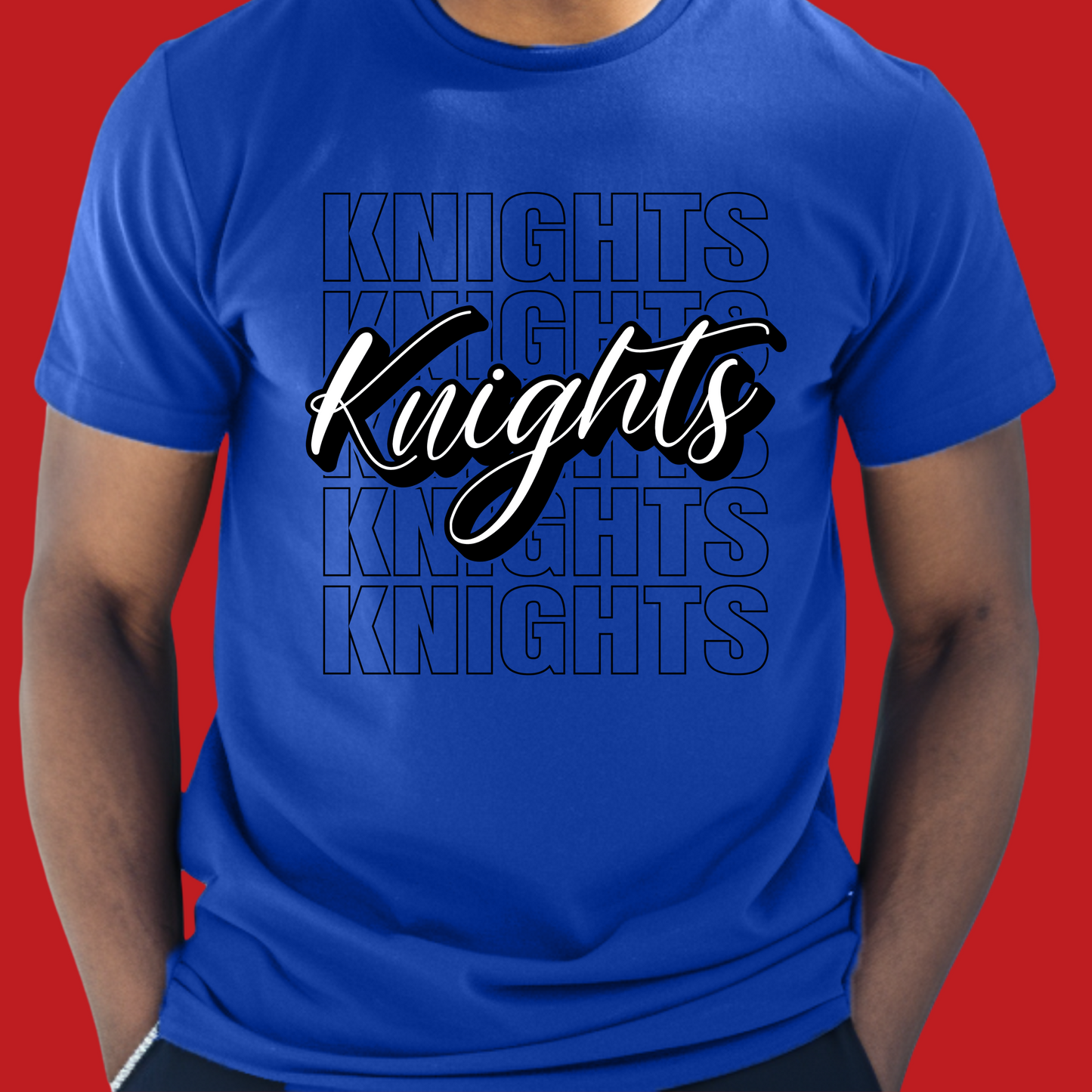 Blue t-shirt with 'Knights' text design on a red background Knights School Spirit Shirt - Knights Cursive Stacked - School Pride T-Shirt