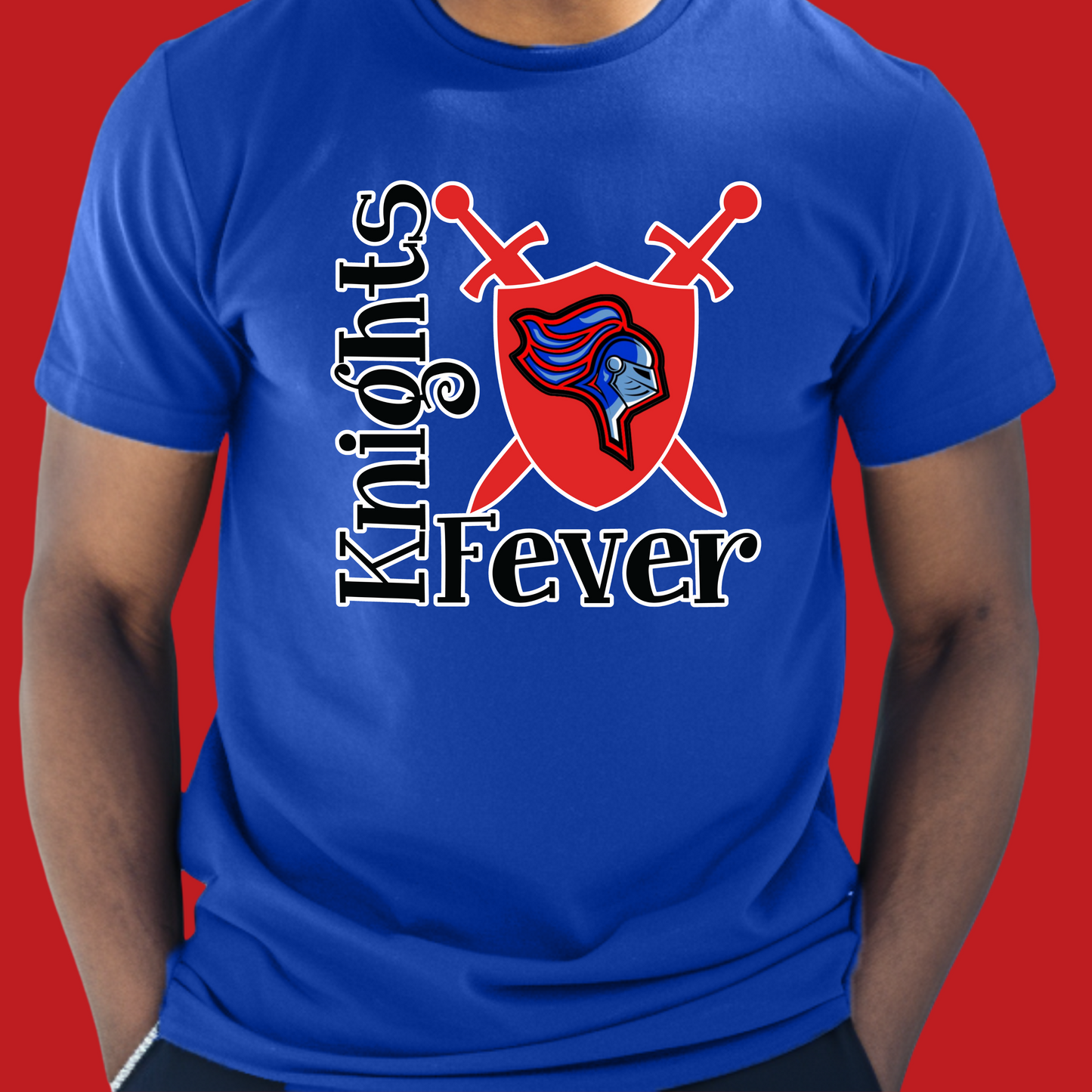 Blue t-shirt with 'Knights Fever' design on a red background Knights School Spirit Shirt - Knights Fever - Rep the Knights Tee