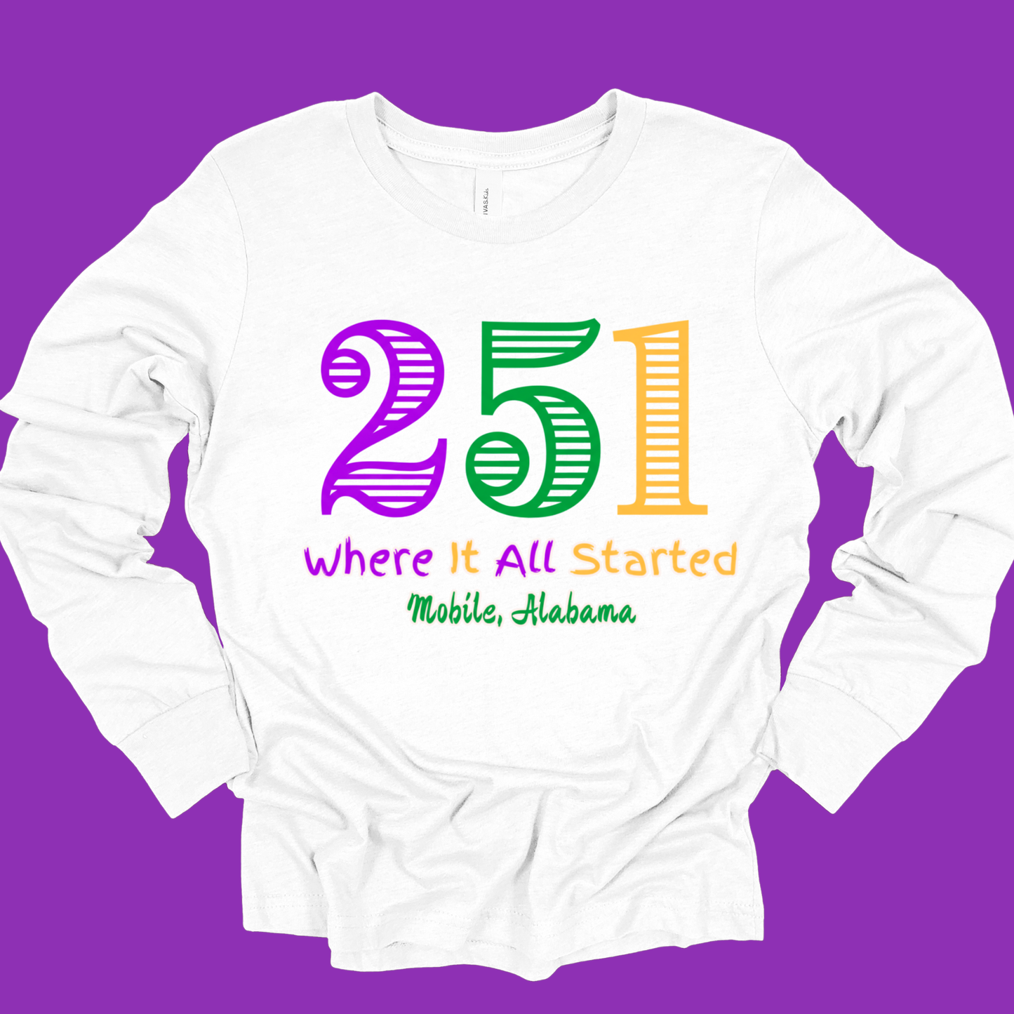 White long-sleeve shirt with colorful '251' design on a purple background
