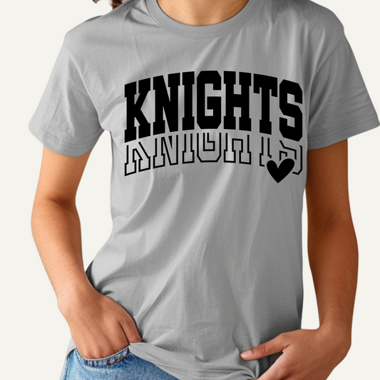 Gray t-shirt with 'KNIGHTS' printed in black on a plain background  Knights School Spirit Shirt - Knights Varsity - Knights Spirit Tee