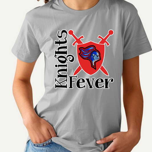 Gray t-shirt with 'Knights Fever' design featuring a shield and swords on a plain background Knights School Spirit Shirt - Knights Fever - Rep the Knights Tee