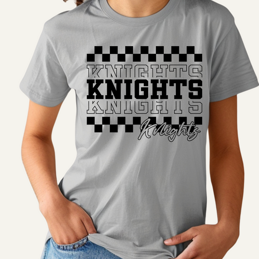 Gray t-shirt with 'KNIGHTS' printed in black and white on a plain background Knights School Spirit Shirt - Knights Checkered - School Pride T-Shirt