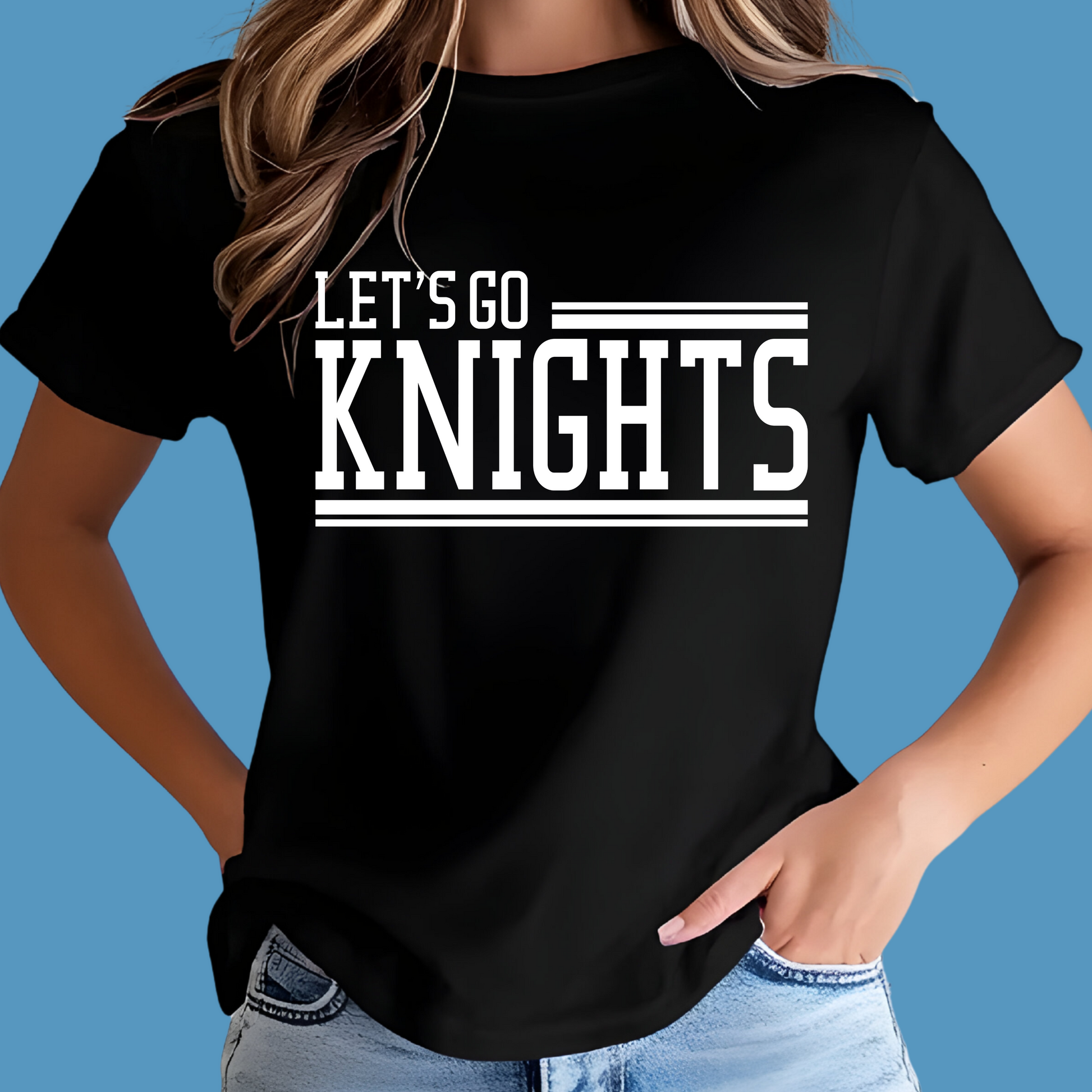 Black t-shirt with 'Let's Go Knights' text worn by a person on a blue background Knights School Spirit Shirt - Let's Go Knights - Knights Spirit Tee