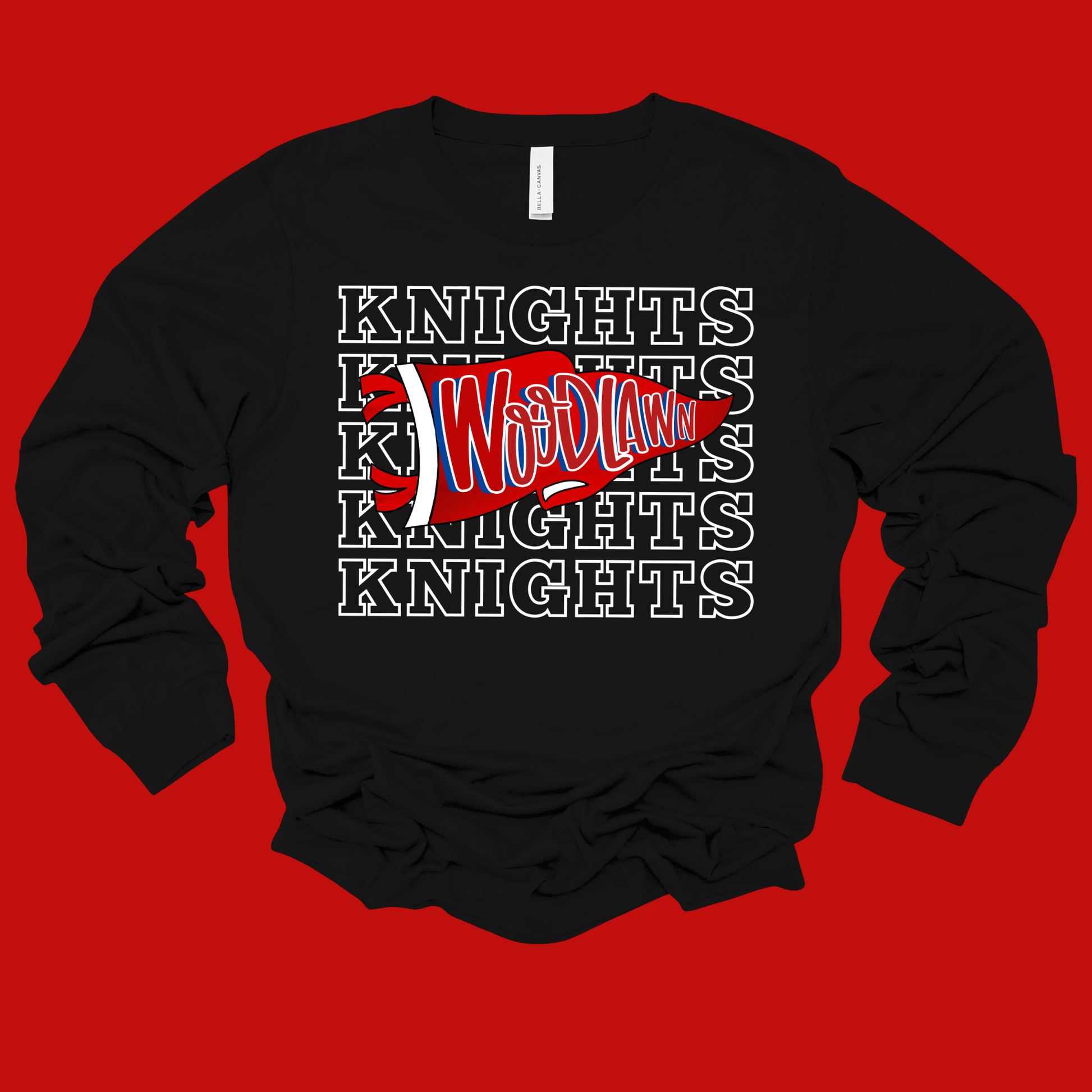 A black long-sleeve t-shirt with a graphic design on the front, featuring the word 'Knights' repeated in white outline text, overlaid with a red and white diagonal banner that reads 'We'll Win'. The shirt is displayed flat against a solid red background.