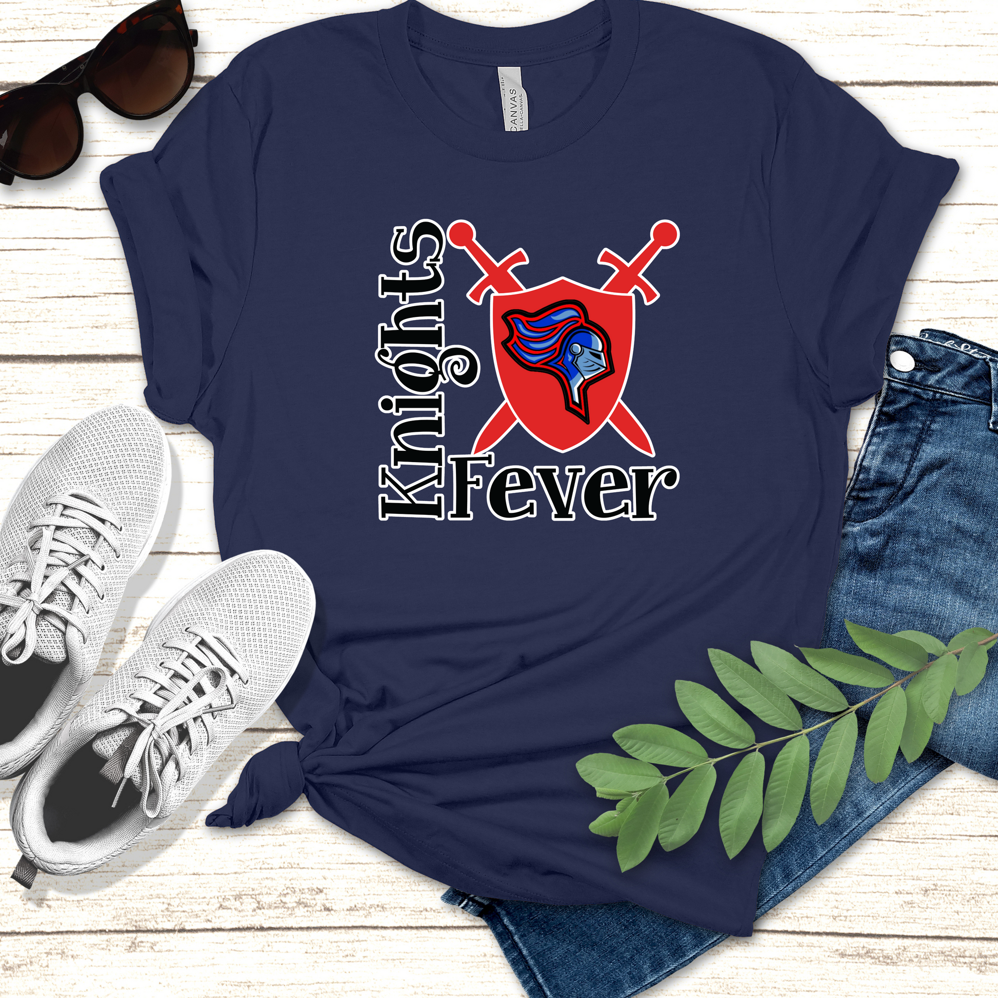 Navy blue t-shirt with 'Knights Fever' design on a wooden surface with shoes and jeans. Knights School Spirit Shirt - Knights Fever - Rep the Knights Tee