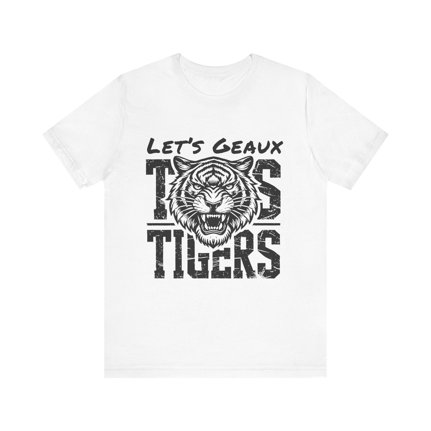 White t-shirt with a tiger graphic and text on a white background Let's Geaux Tigers T-Shirt - Fierce Tiger Graphic Game Day Tee