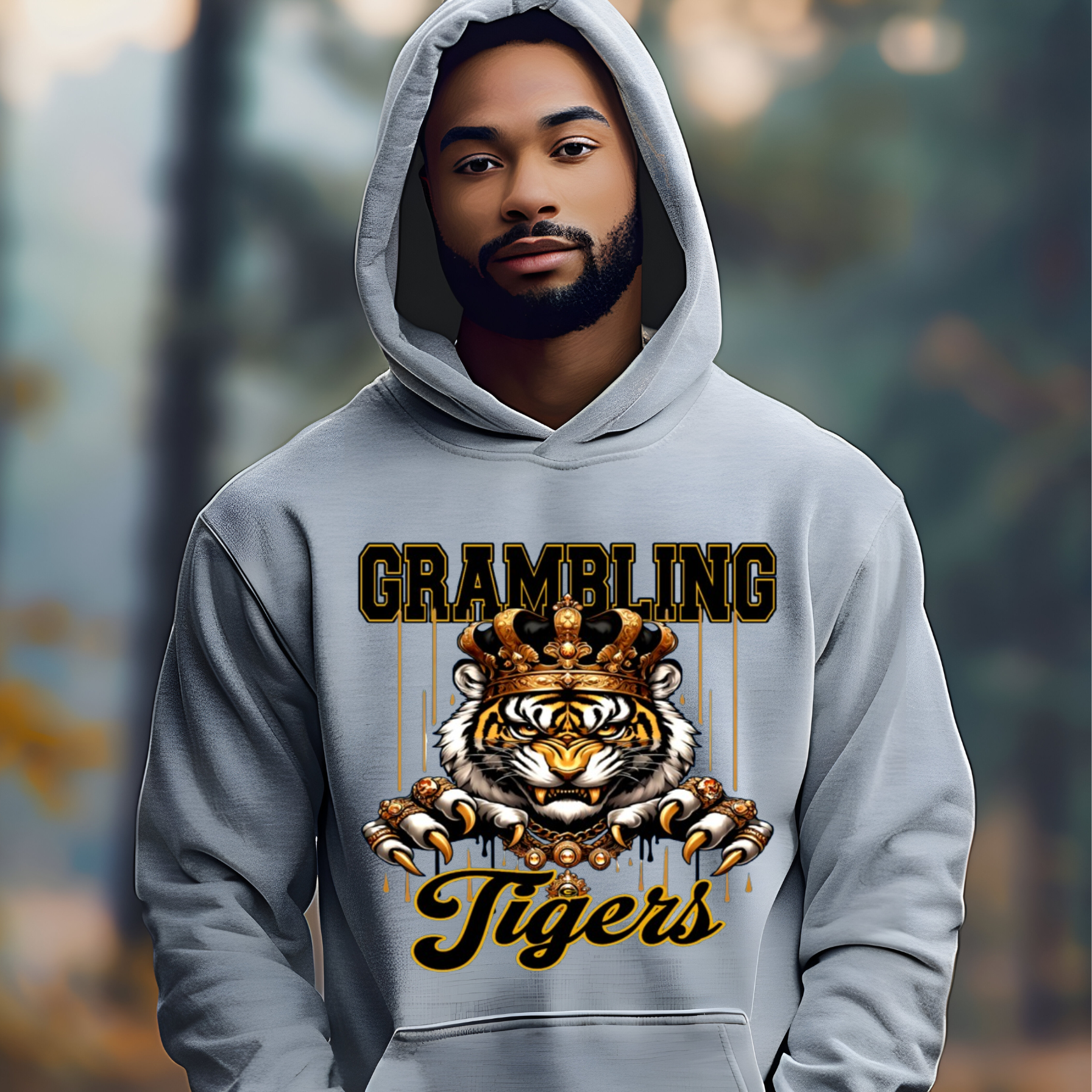 A man wearing a light gray hoodie with a graphic print featuring the words 'GRAMBLING Tigers' and a detailed tiger illustration in gold, black, and white, set against a blurred outdoor background.