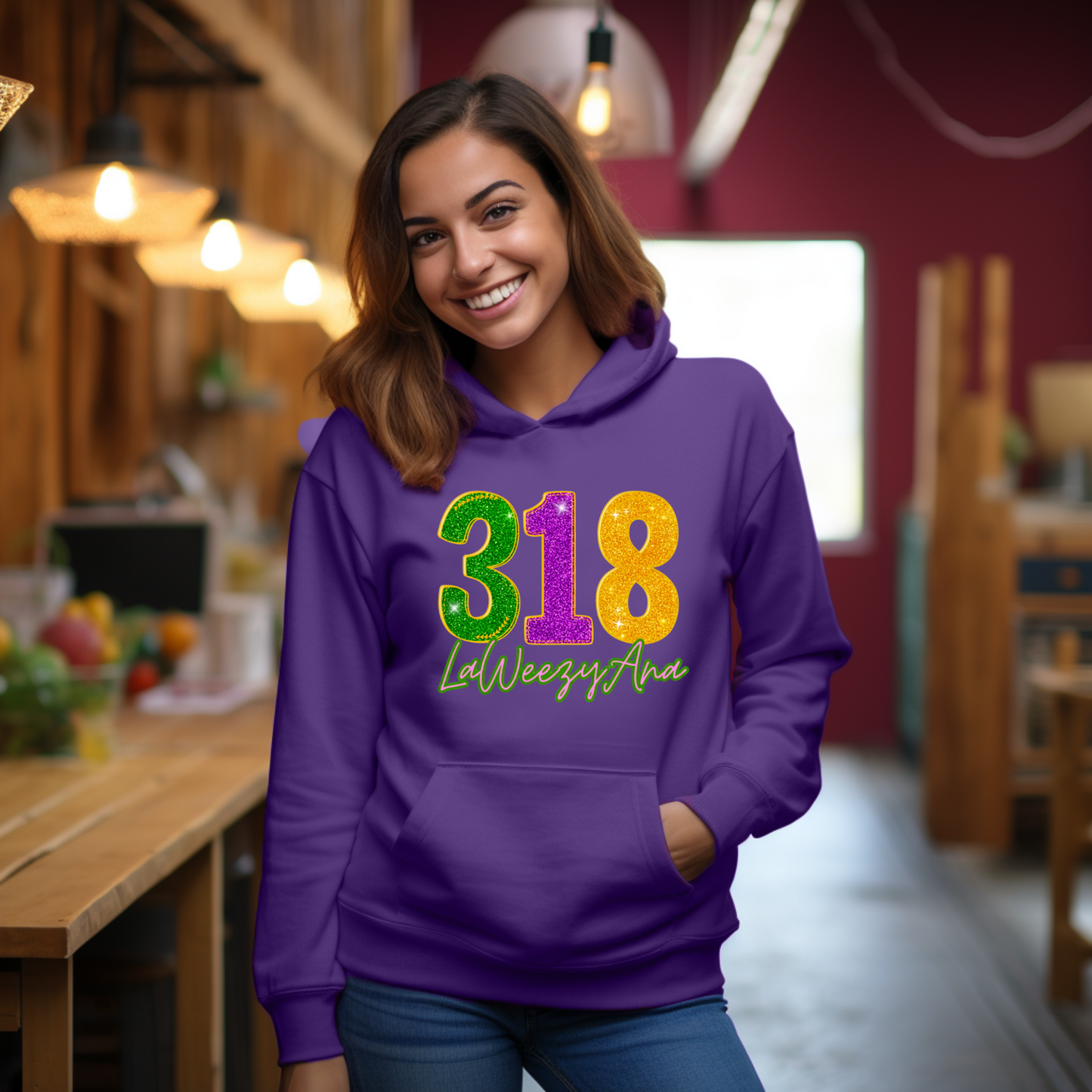 Woman wearing a purple hoodie with colorful text in a kitchen