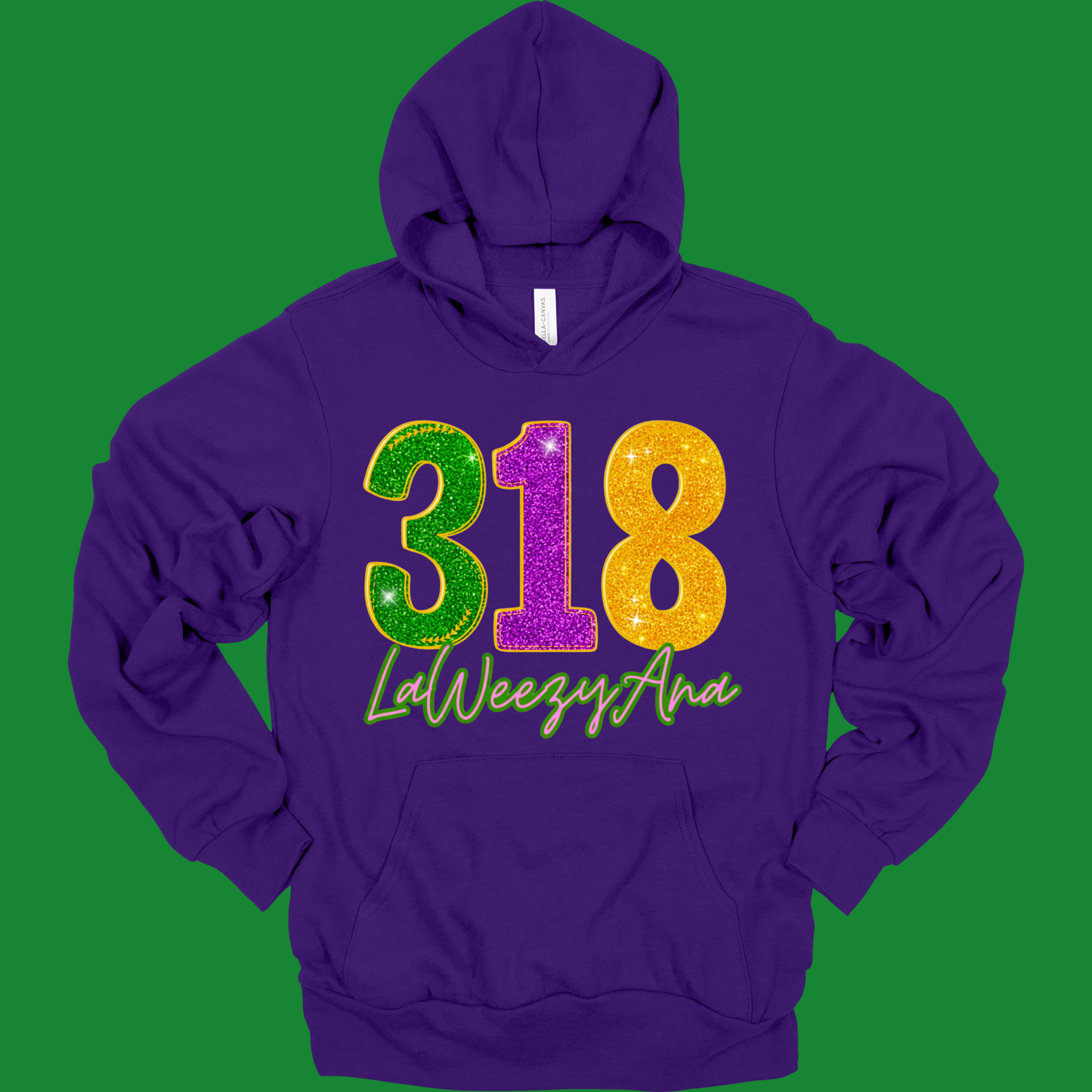 Purple hoodie with colorful '318 LaWeezyAna' text on a green background