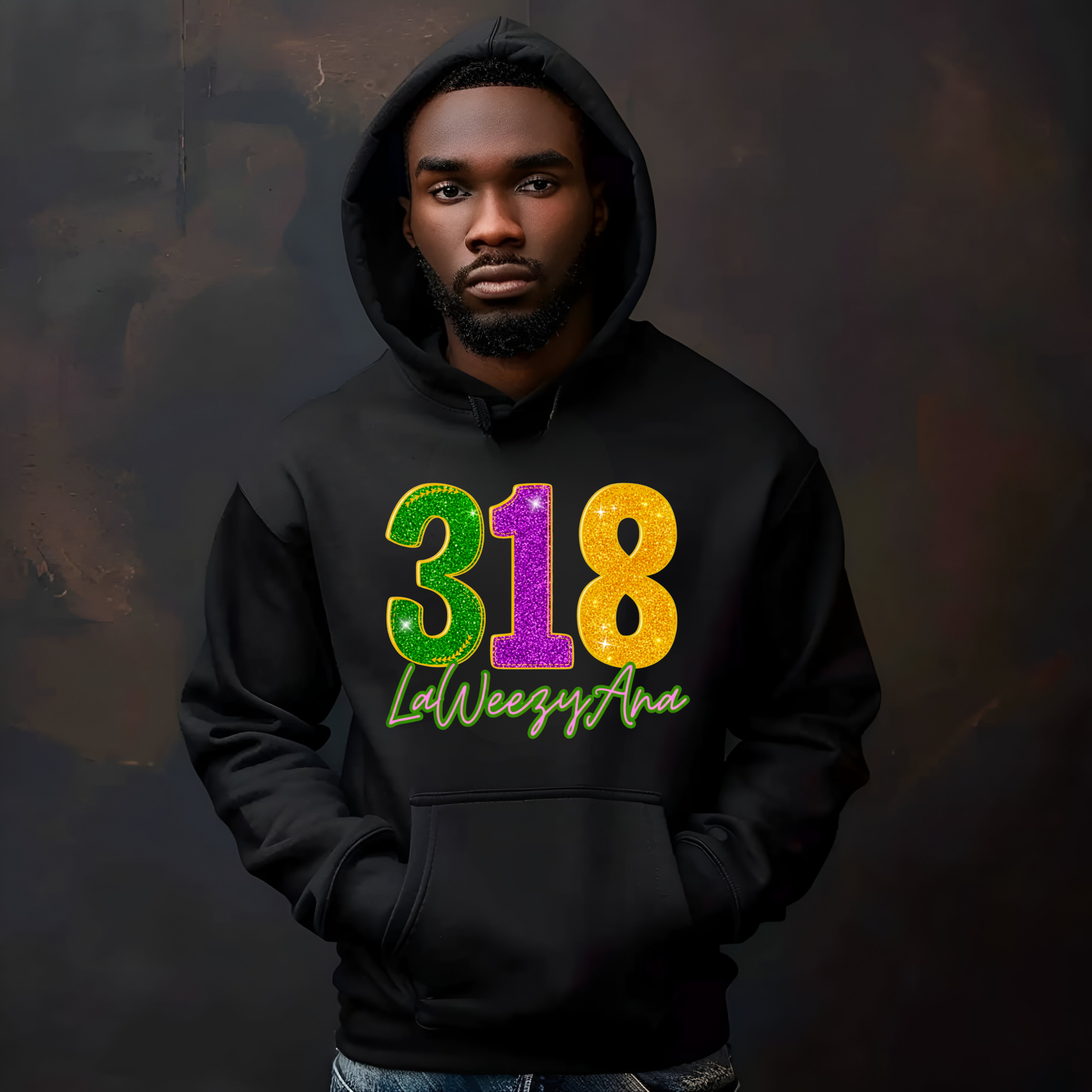 Person wearing a black hoodie with colorful text on a dark background
