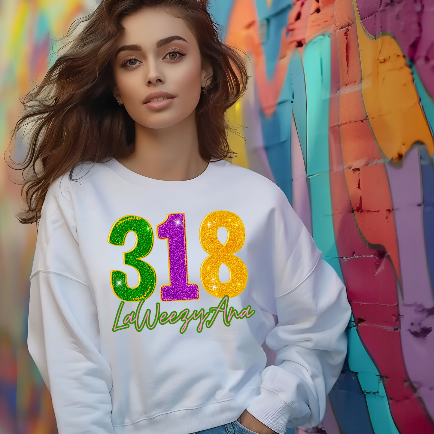 Woman wearing a white sweatshirt with colorful numbers and text against a multicolored abstract background