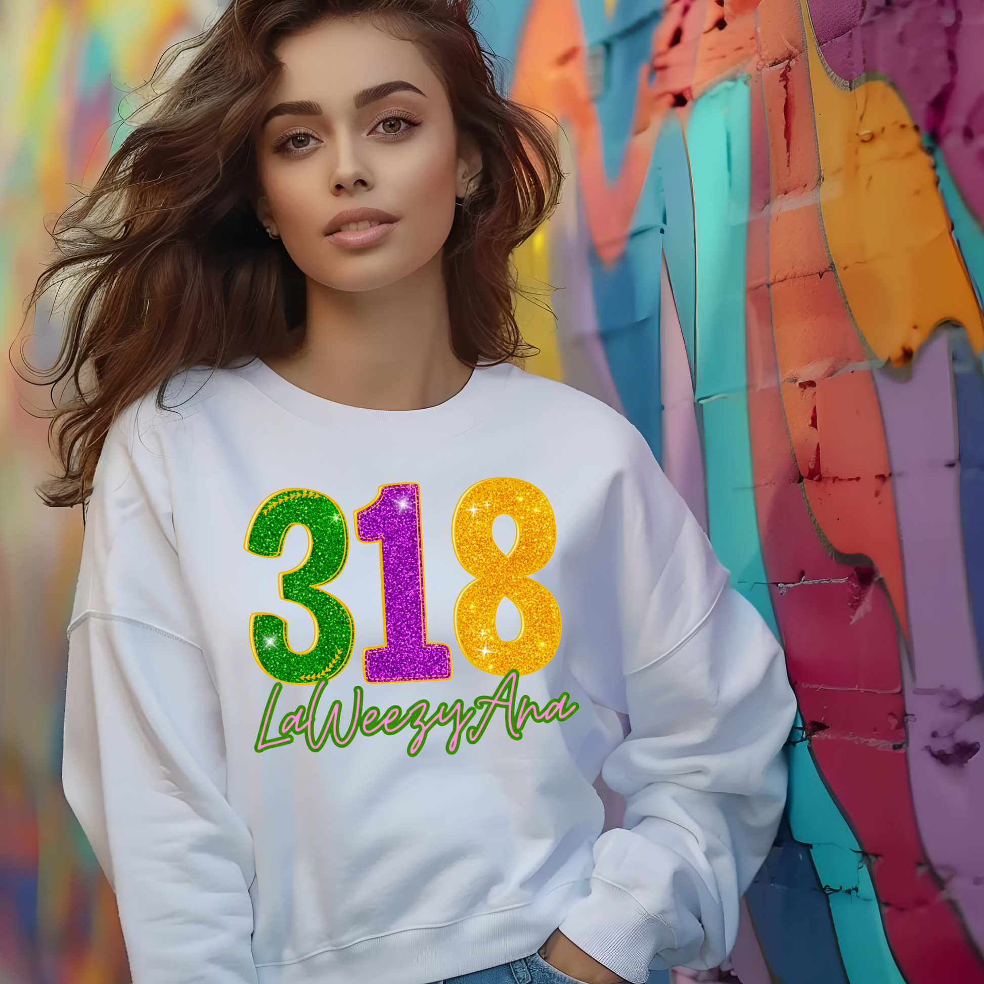 Woman wearing a white sweatshirt with colorful numbers and text against a multicolored abstract background
