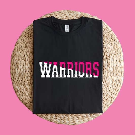 Black t-shirt with 'WARRIORS' printed on it, placed on a woven mat with a pink background
