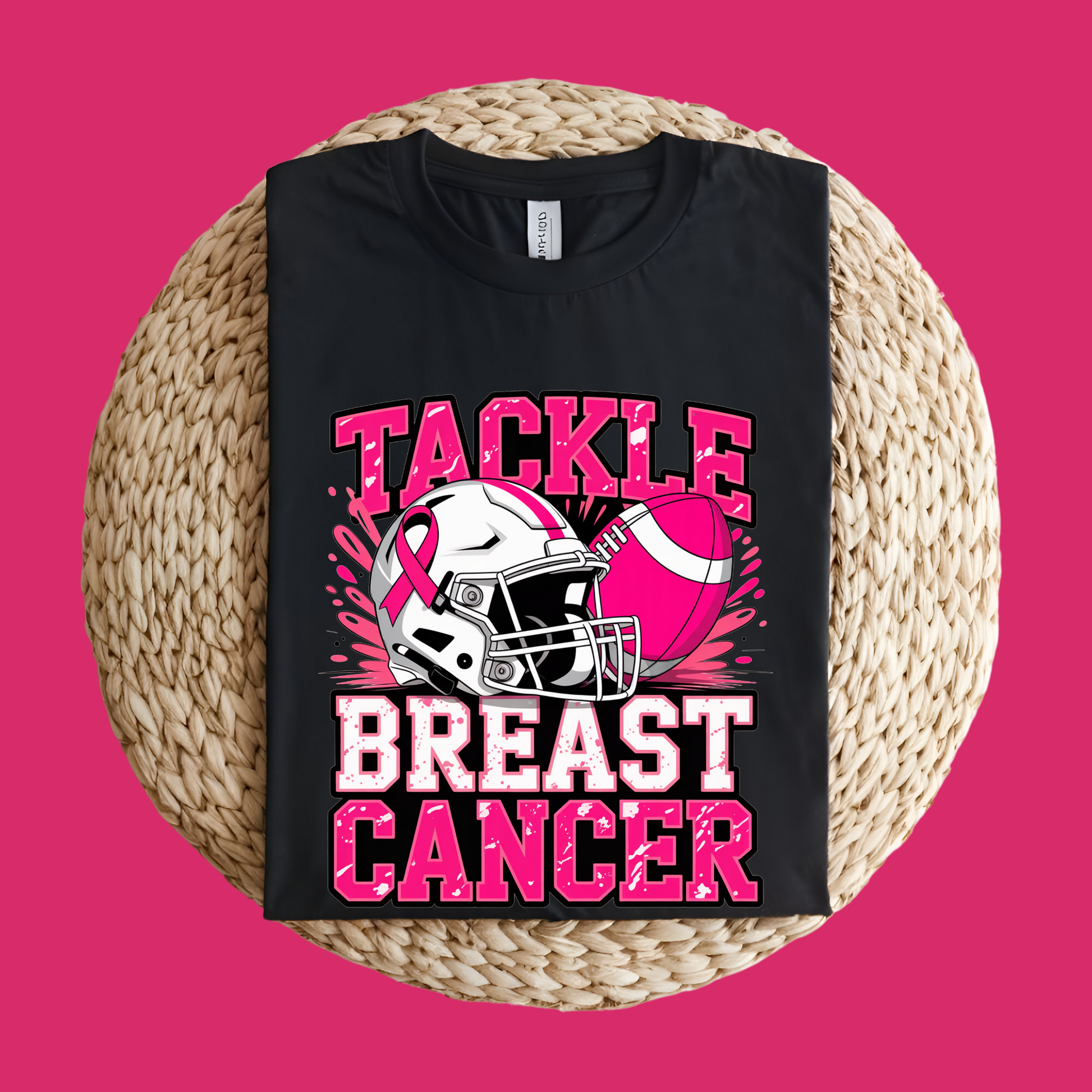 Black t-shirt with 'Tackle Breast Cancer' design featuring a football helmet and pink ribbon on a pink background.  Pink Ribbon Tee: Tackle Breast Cancer Support Football T-Shirt