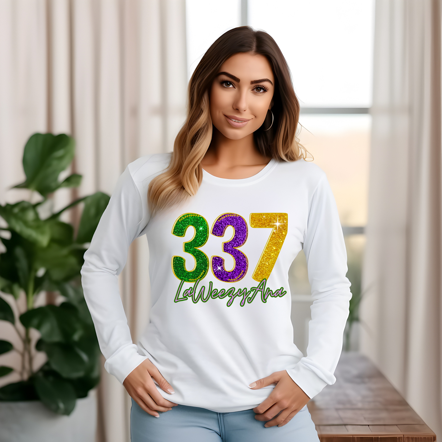 Woman wearing a white long-sleeve shirt with colorful numbers and text in a home setting.