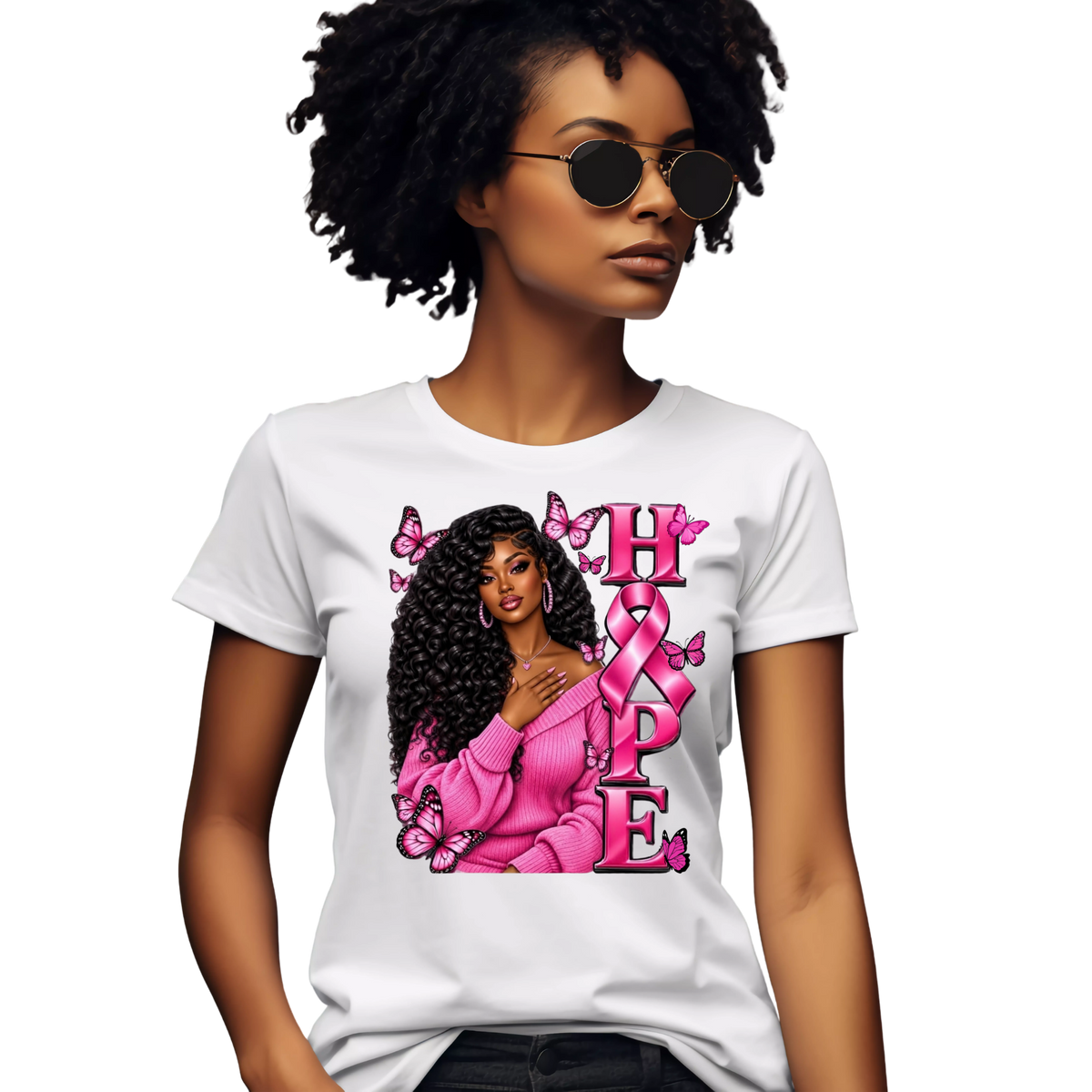A woman wearing a white short-sleeve graphic T-shirt with a pink and black design featuring the word 'HOPE' and butterflies, shown against a plain white background.