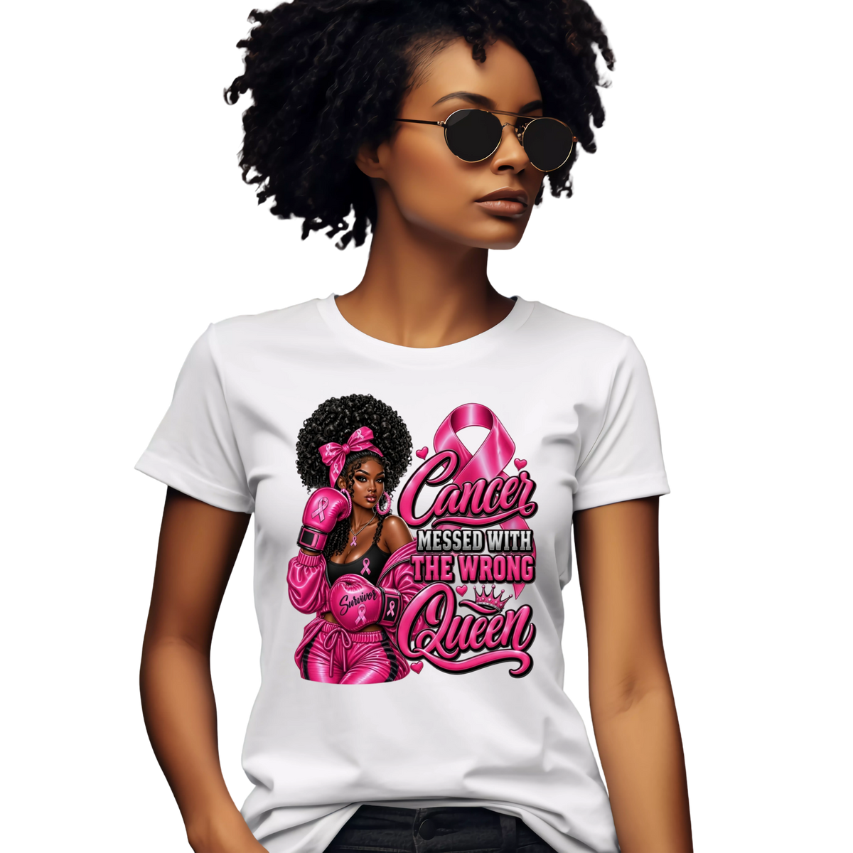 A woman wearing a white short-sleeve graphic T-shirt with a pink ribbon and the text 'HER Fight IS OUR Fight' printed on the front, shown against a plain white background.