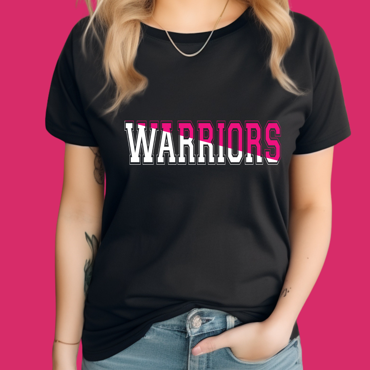 Person wearing a black t-shirt with 'WARRIORS' printed on it against a pink background