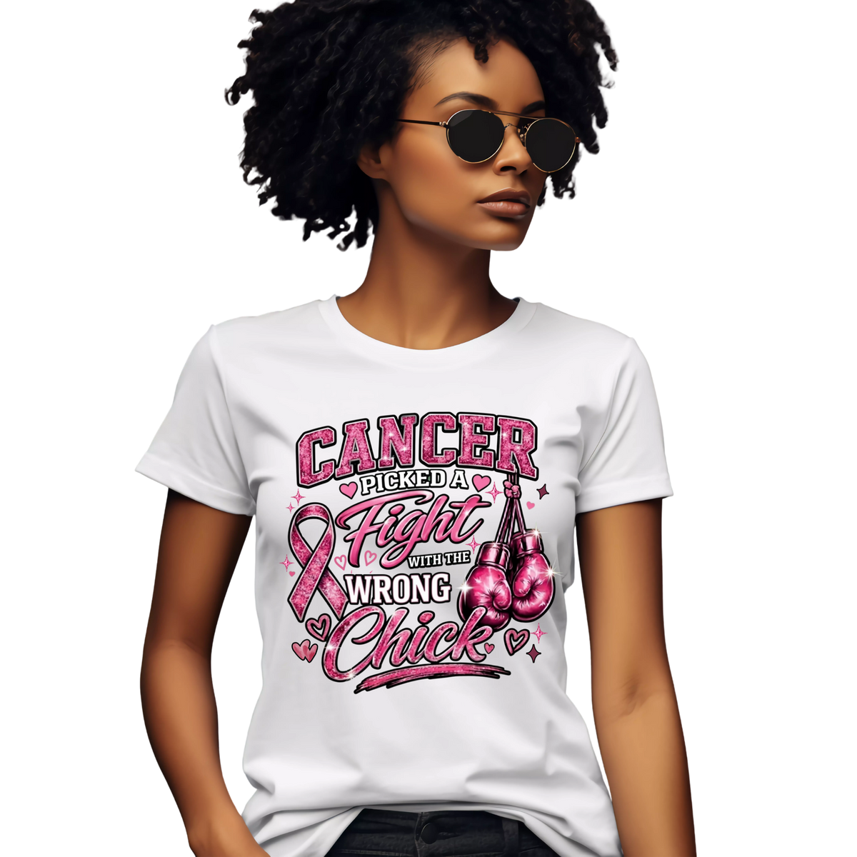 A woman wearing a white short-sleeve graphic T-shirt with a pink ribbon and the text 'HER Fight IS OUR Fight' printed on the front, shown against a plain white background.