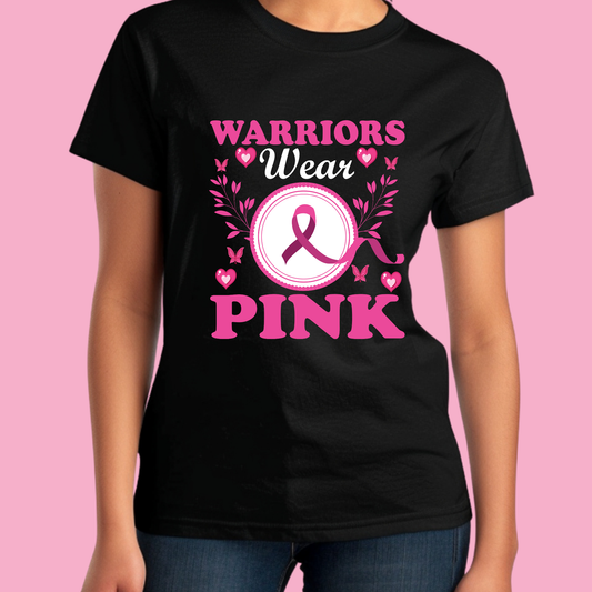 Black t-shirt with 'Warriors Wear Pink' design featuring a pink ribbon on a pink background. Pink Ribbon T-Shirt: Warriors Wear Pink Support Awareness Tee