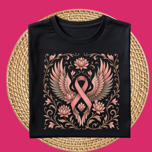 Black t-shirt with pink ribbon and wings design on a pink background Pink Ribbon Tee: Boho Bold Pink Ribbon Tee - Supportive Awareness T-shirt