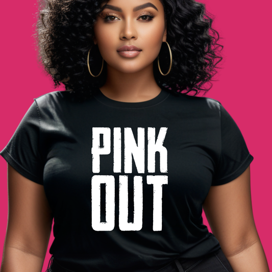 Woman wearing a black t-shirt with 'PINK OUT' text on a pink background   Pink Ribbon Tee: PINK OUT Support Awareness Graphic T-Shirt