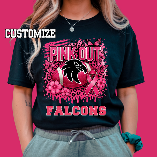 Person wearing a black t-shirt with pink 'Pink Out Falcons' design on a pink background Custom Pink Out Football Tee - Custom Pink Out Mascot T-Shirt