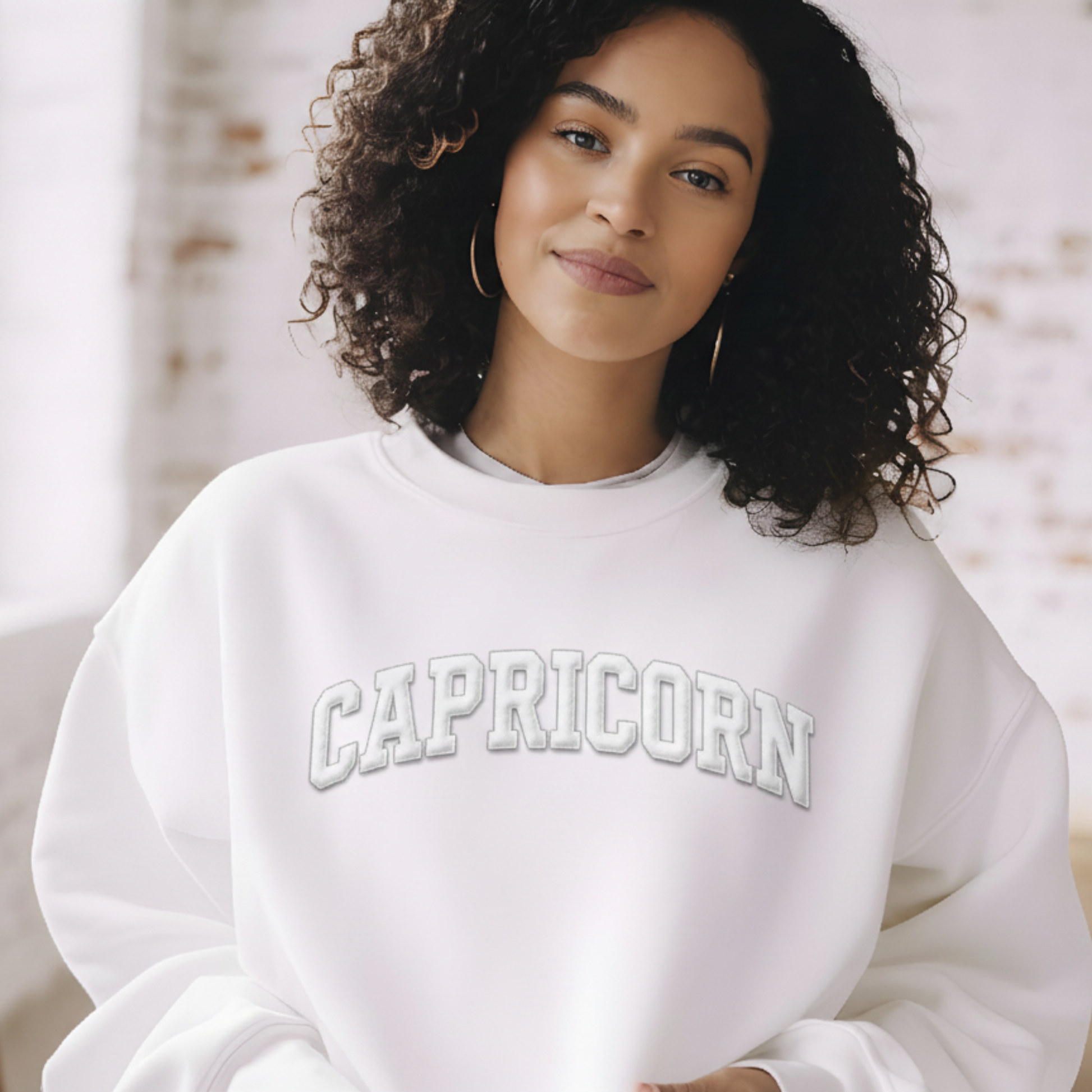 Custom Zodiac Puff Print Sweatshirts - Embossed Puff Zodiac (White) Crewneck Sweatshirt