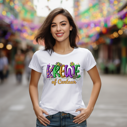 Woman wearing a white t-shirt with 'Krewe of Centaur' design in a festive setting.