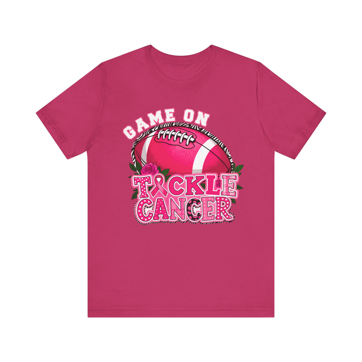 Pink t-shirt with 'Game On Tackle Cancer' design on a white background Pink Out Football T-Shirt:  Game On Tackle Awareness Support Tee