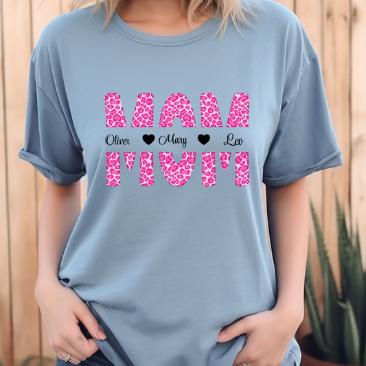 Personalized Mom Shirt - Mother's Day Keepsake - Custom Kid Name Pink Leopard Print Tee