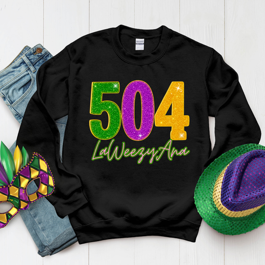 Black sweatshirt with colorful text and accessories on a white background
