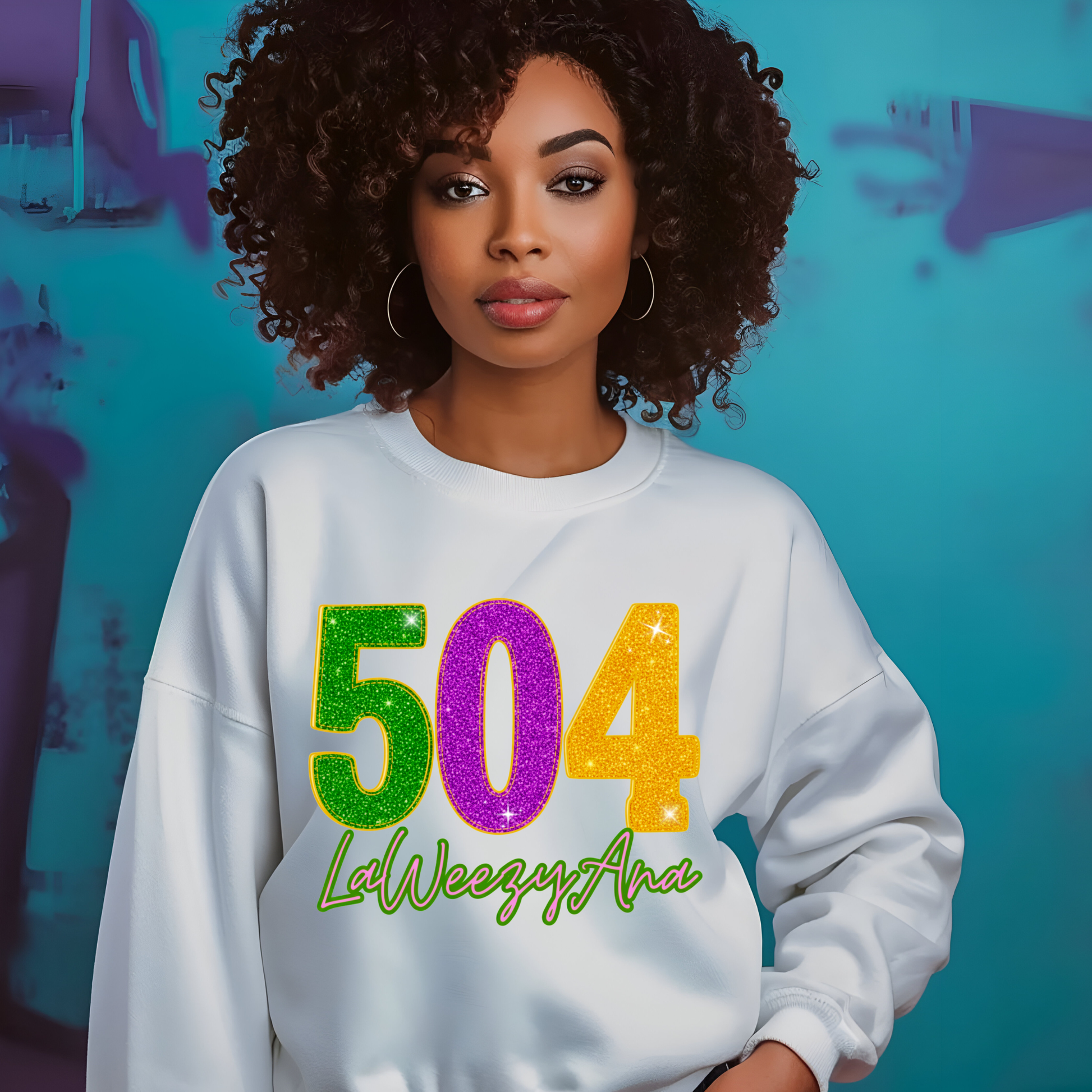 Woman wearing a white sweatshirt with colorful numbers and text against a blue background