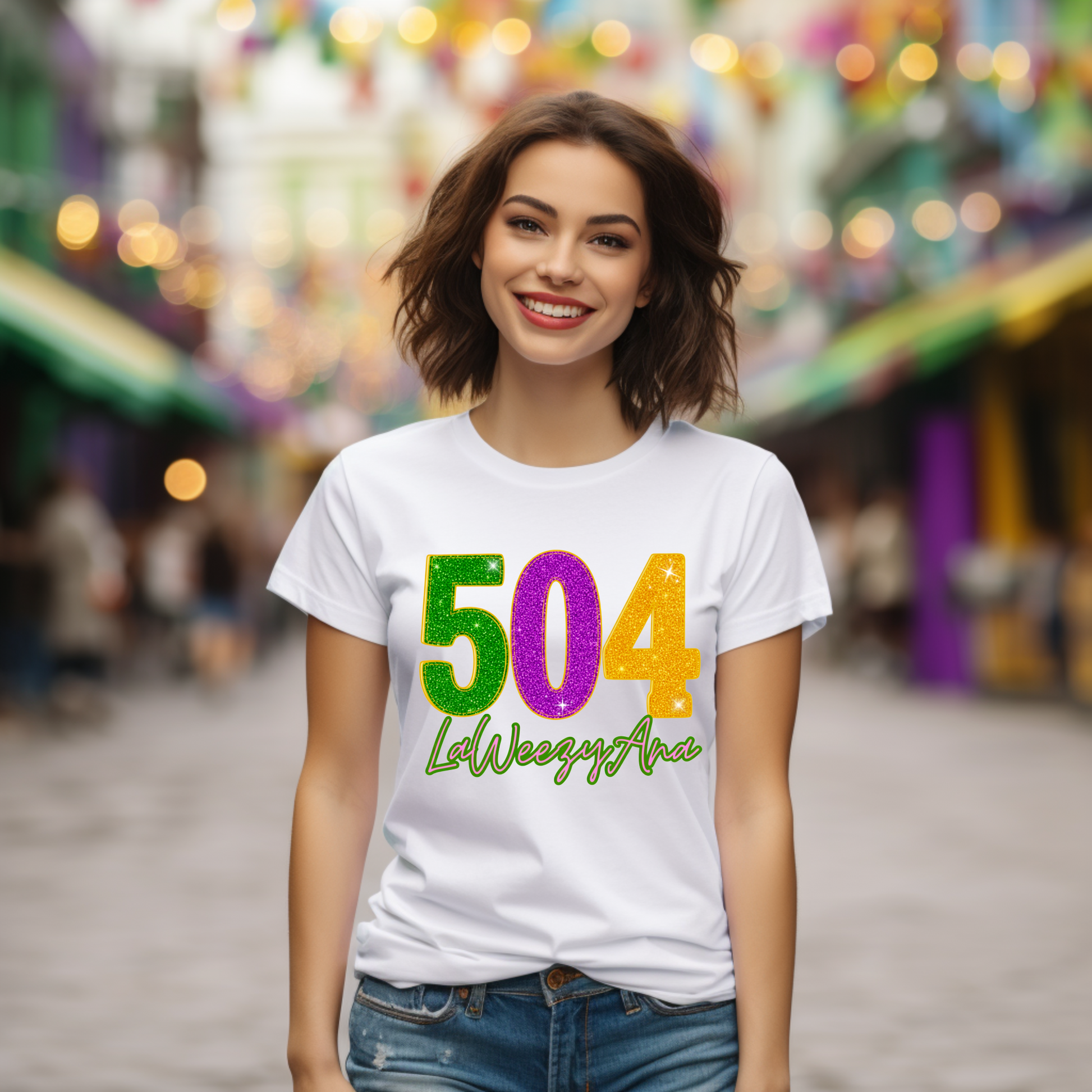 Woman wearing a white t-shirt with colorful text in an outdoor setting