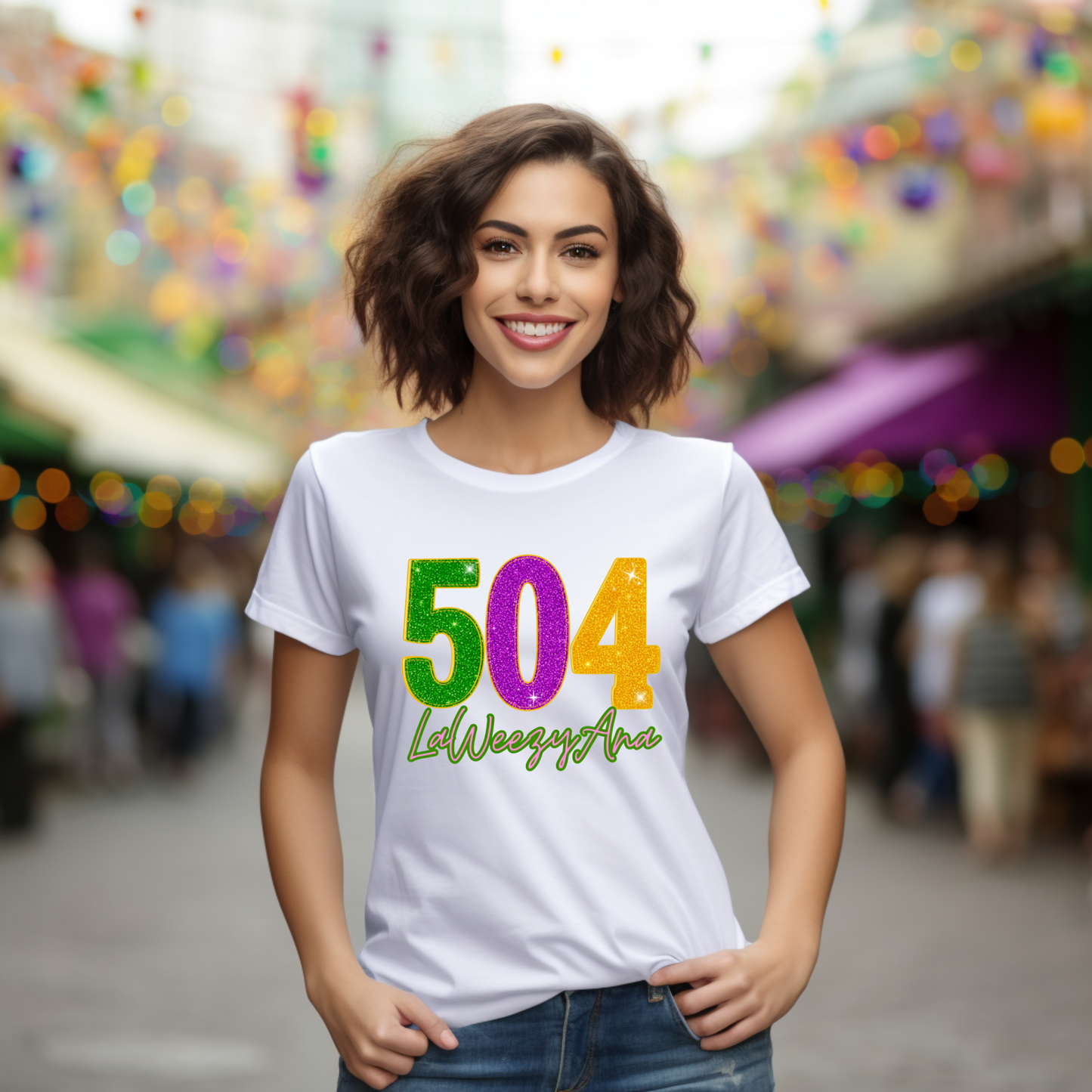 Woman wearing a white t-shirt with colorful text in an outdoor setting