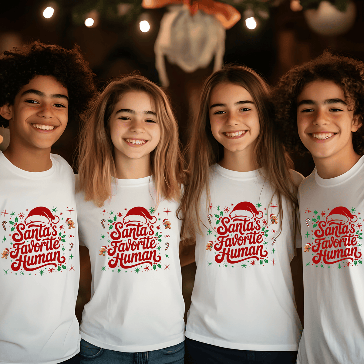 Folded sand crewneck sweatshirt with 'Santa's Favorite Human' red lettering, Santa hat, and gingerbread graphics on a neutral wooden background.