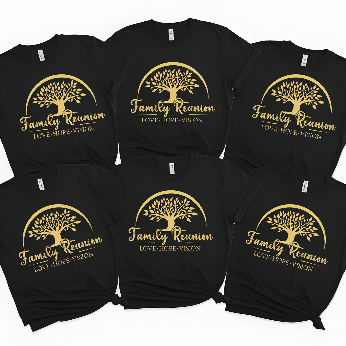 Black t-shirts with gold family reunion design on a white background