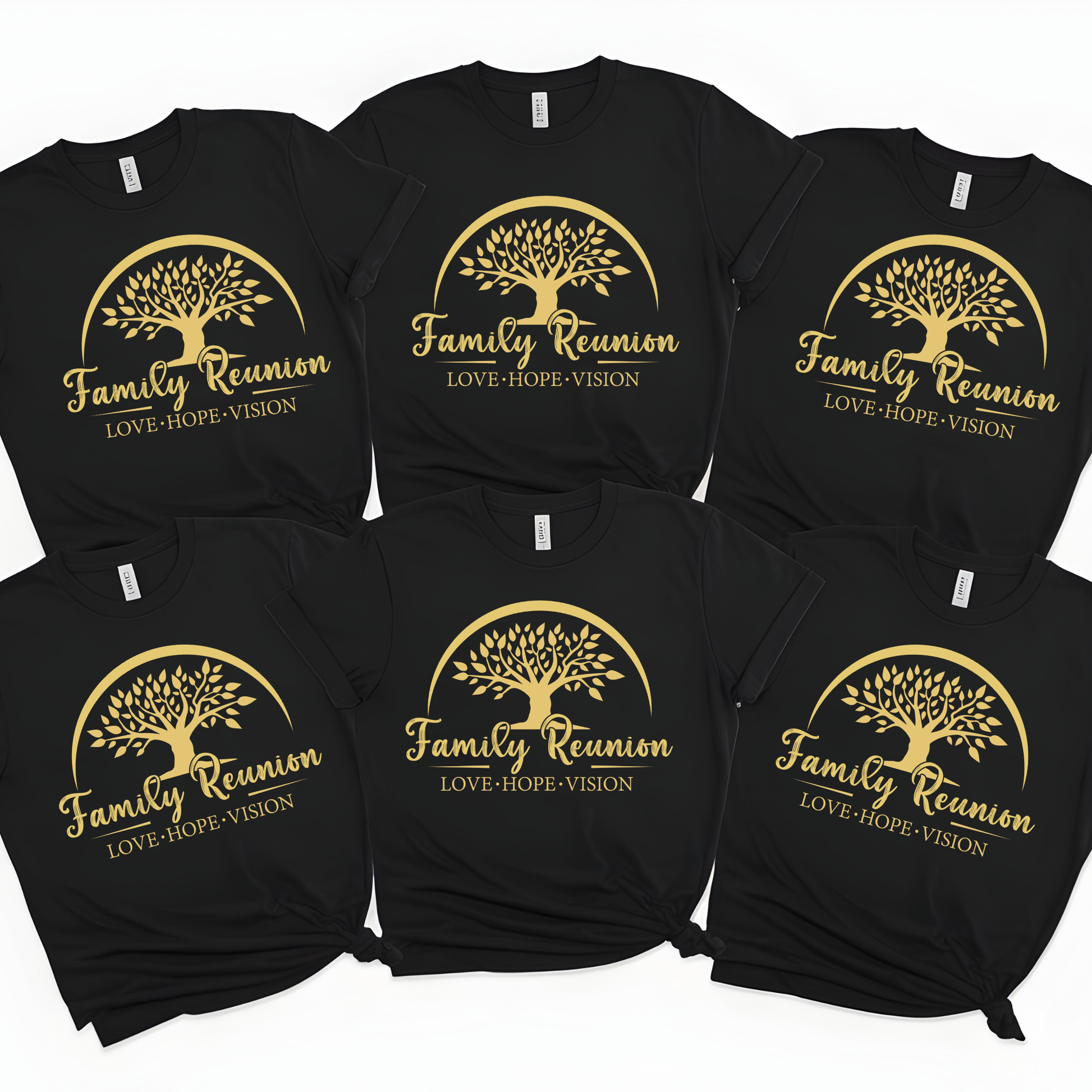 Black t-shirts with gold family reunion design on a white background