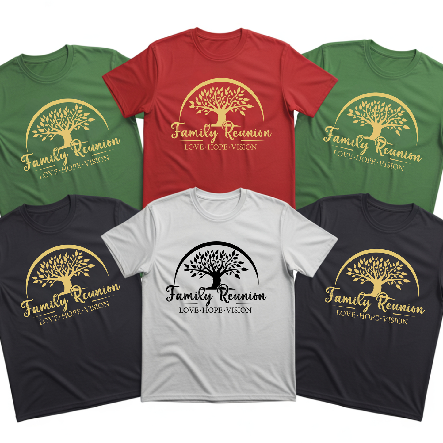 Set of t-shirts with family reunion design in various colors on a white background