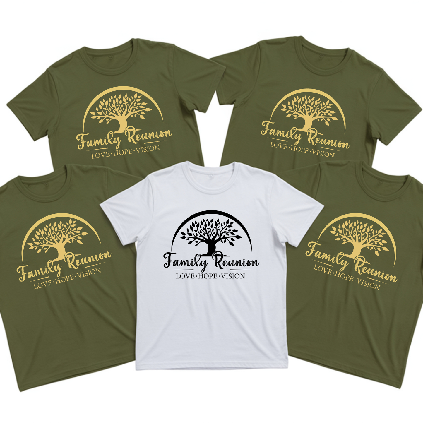 Five t-shirts with 'Family Reunion' design on a white background