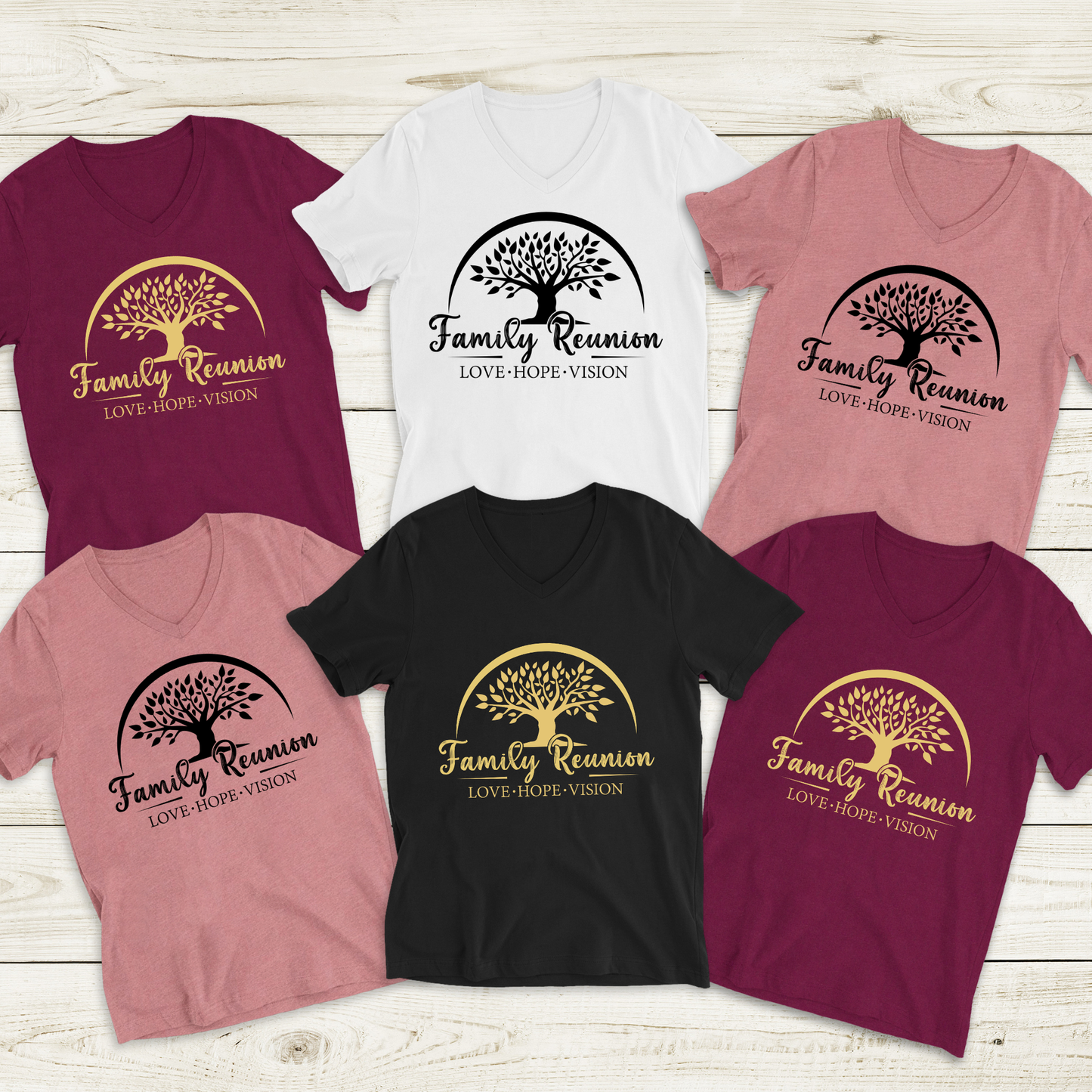 Set of t-shirts with family reunion design on a wooden surface