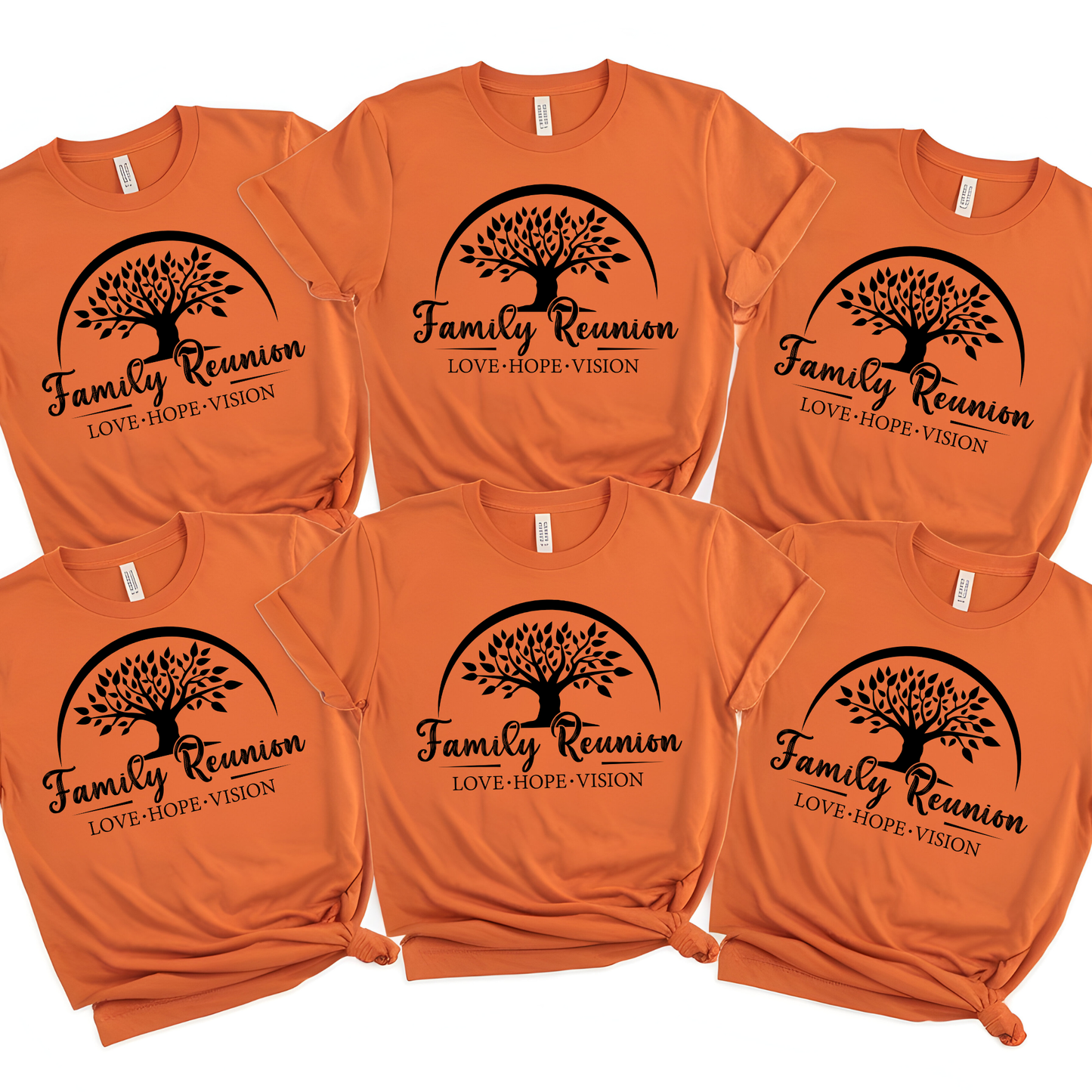 Six orange t-shirts with a family reunion design on a white background