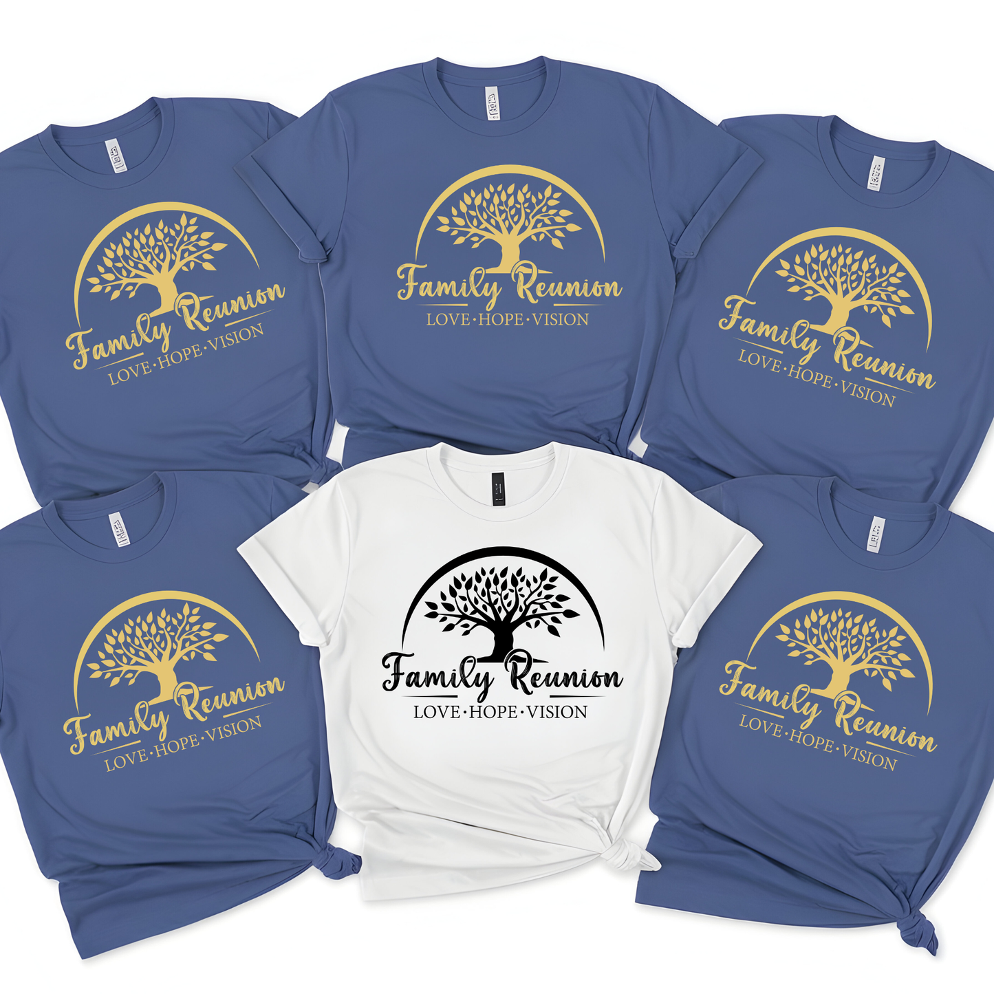 Collection of Family Reunion t-shirts with tree design on a white background