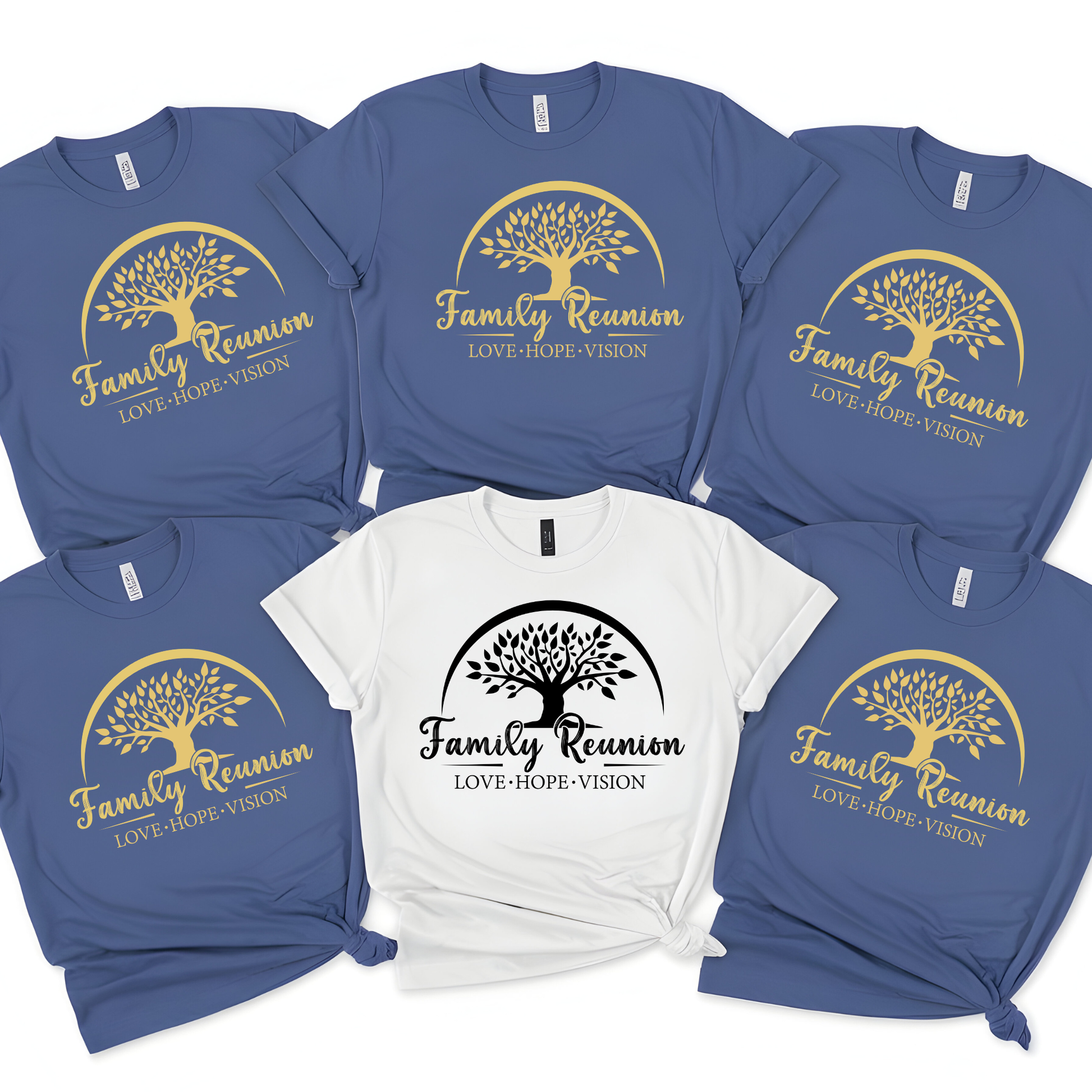 Collection of Family Reunion t-shirts with tree design on a white background